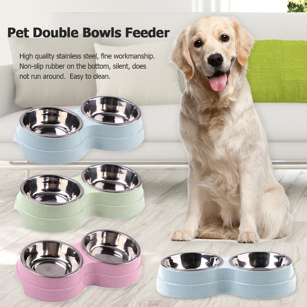 Dog Double Bowl Puppy Food Water Feeder Cute Stainless Steel Pets Drinking Dish Feeder Pets Supplies Feeding Dishes Dogs Bowl