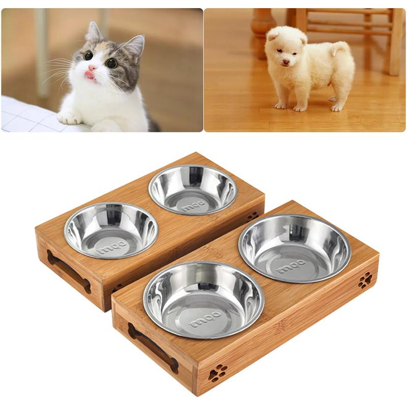 Pet Feeding Bowl Bamboo Stand Double Dog Cat Non-slip Food Bowls
