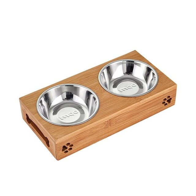 Pet Feeding Bowl Bamboo Stand Double Dog Cat Non-slip Food Bowls